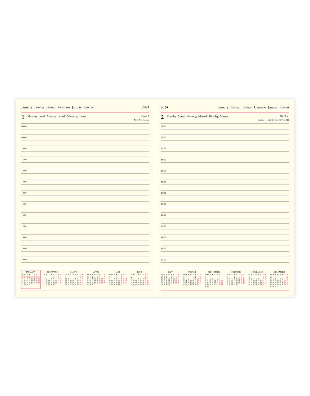 Lecassa A5 Day to a Page Diary with Appointments 2024 - Multilanguage#colour_black